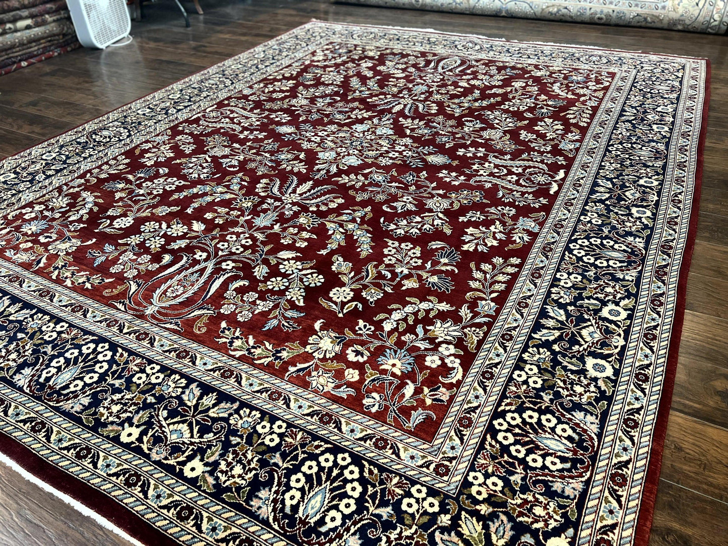 Indo Persian Sarouk Rug 9x12, Floral Allover, Dark Red & Navy Blue, Handmade Vintage Wool Carpet