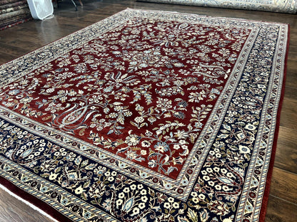 Indo Persian Sarouk Rug 9x12, Floral Allover, Dark Red & Navy Blue, Handmade Vintage Wool Carpet