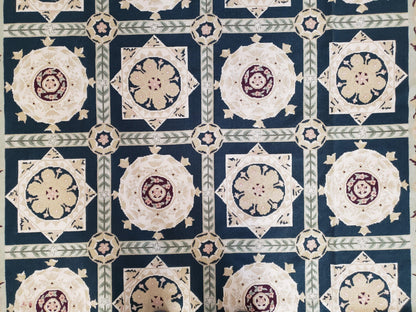 Vintage Chinese Needlepoint Rug 6x9 Handwoven Wool Panel Design Rug Black Ivory