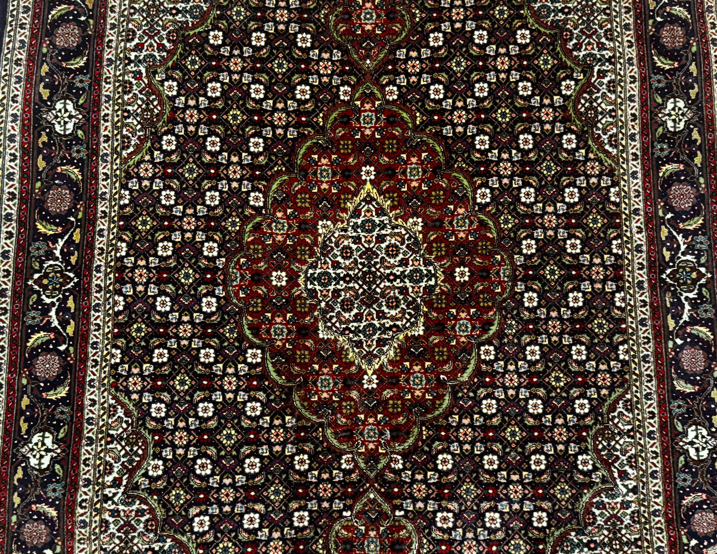 Persian Tabriz Rug 3x5, Wool on Silk Foundation, Very Fine 550 KPSI, Dark Navy Blue