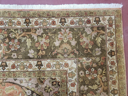 Indo Persian Rug 8x10, Vintage Indian Rug 8 x 10, Fine Hand-Knotted Wool Rug, Rose Clay Red Beige Brown Handmade Area Rug, Floral Medallion