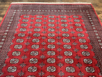 Turkoman Rug 8 x 11.6 Red Bokhara Pakistani Wool Handmade Vintage Carpet