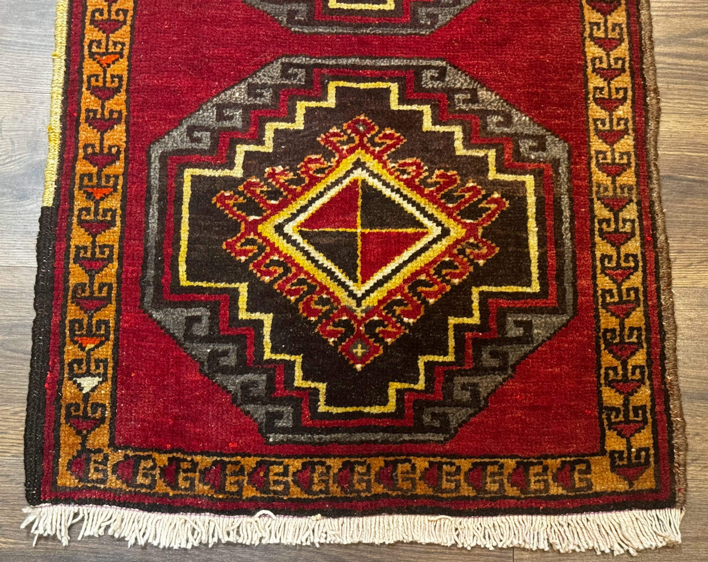 Turkish Yastik Rug 2x3 Antique Red Wool With Double Medallions Geometric Design