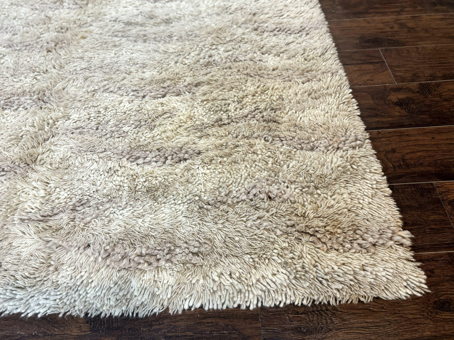 European Rya Shag Rug 6.6 x 9.7 Beige Fluffy Vintage Area Rug