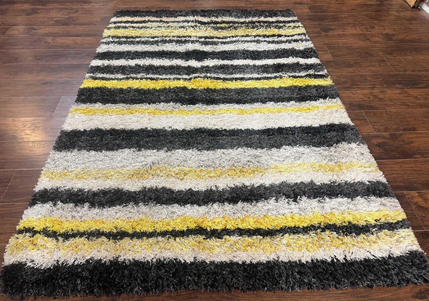 Shag Rug 5x8 Yellow Ivory Charcoal Contemporary Machine Made Polypropylene