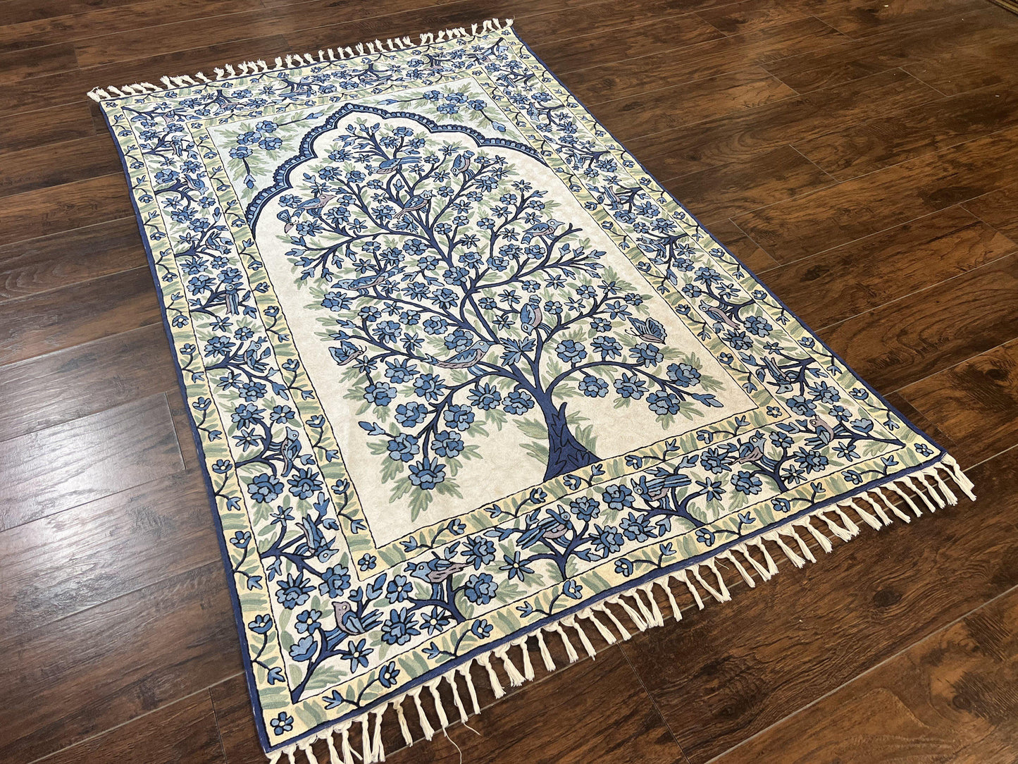 Tree Of Life Rug Indian Hand Stitched Silk On Cotton Vintage 4x6 Wall Hanging