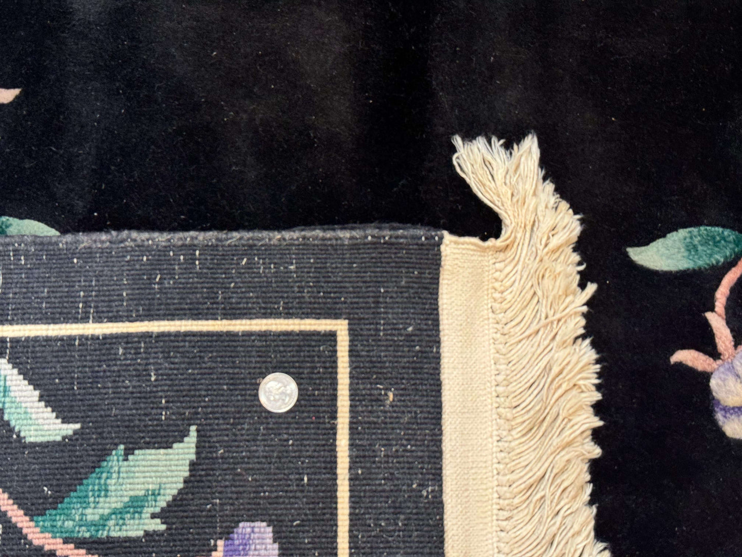 Chinese Wool Rug 6x9 Vintage Black Floral Minimal Design Art Deco Handmade Hand Knotted