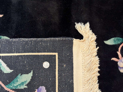 Chinese Wool Rug 6x9 Vintage Black Floral Minimal Design Art Deco Handmade Hand Knotted