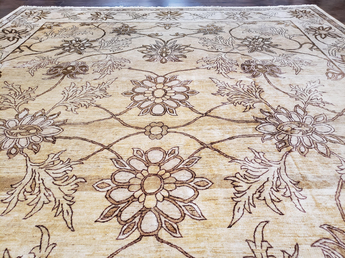 Oversized Peshawar Chobi Oushak Area Rug 11.6 x 12.5, Wool Hand-Knotted Light Gold & Ivory Decorative Pakistani Floral Carpet, 11x12 - 12x13