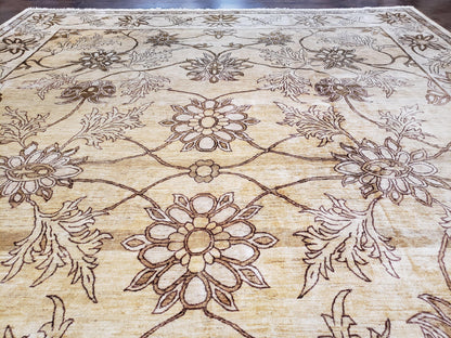 Oversized Peshawar Chobi Oushak Area Rug 11.6 x 12.5, Wool Hand-Knotted Light Gold & Ivory Decorative Pakistani Floral Carpet, 11x12 - 12x13