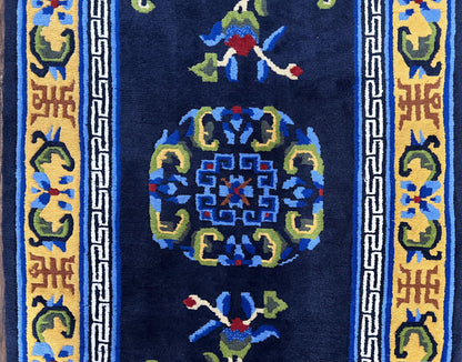 Chinese Art Deco Rug Hand Knotted Vintage Wool Carpet 3x6 Dark Blue Gold Medallion