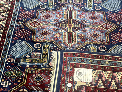 Indian Rug with Caucasian Design, 4x6 Geometric Carpet, Navy Blue and Cream