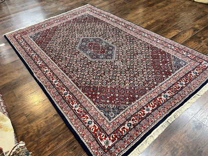 Indo Persian Rug 7x10, Dark Blue and Red Hand Knotted Wool Vintage Oriental Carpet 7 x 10 ft, Handmade Bidjar Rug, Herati Pattern Indian Rug