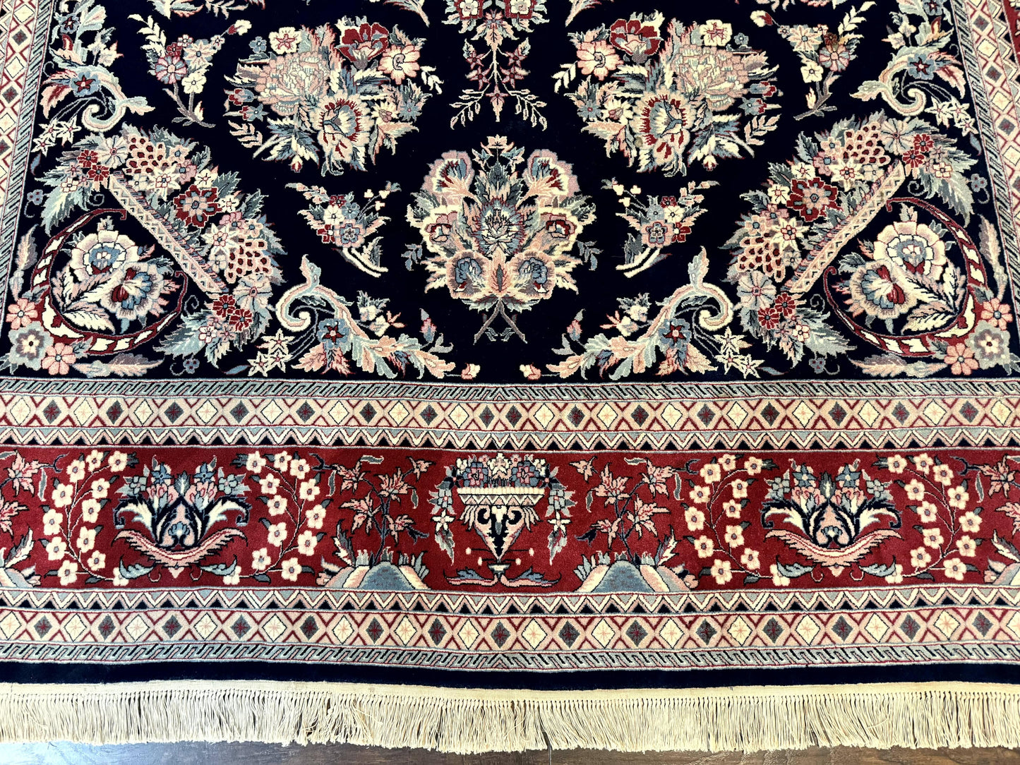 Sino Persian Rug 8x10, Floral Kirman Carpet, Navy Blue and Red, Floral Vases, Handmade Vintage Wool Carpet, 320 KPSI