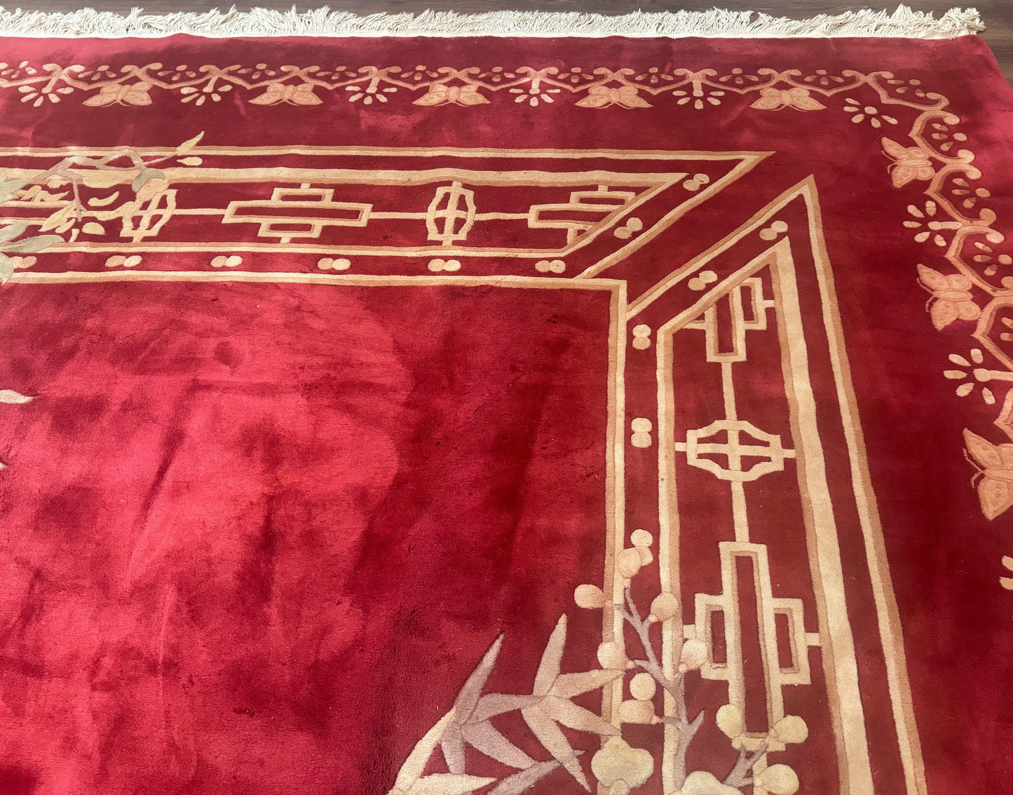 Chinese Wool Rug 12x18 Palace Size Vintage Hand Knotted Red With Butterflies And Flowers