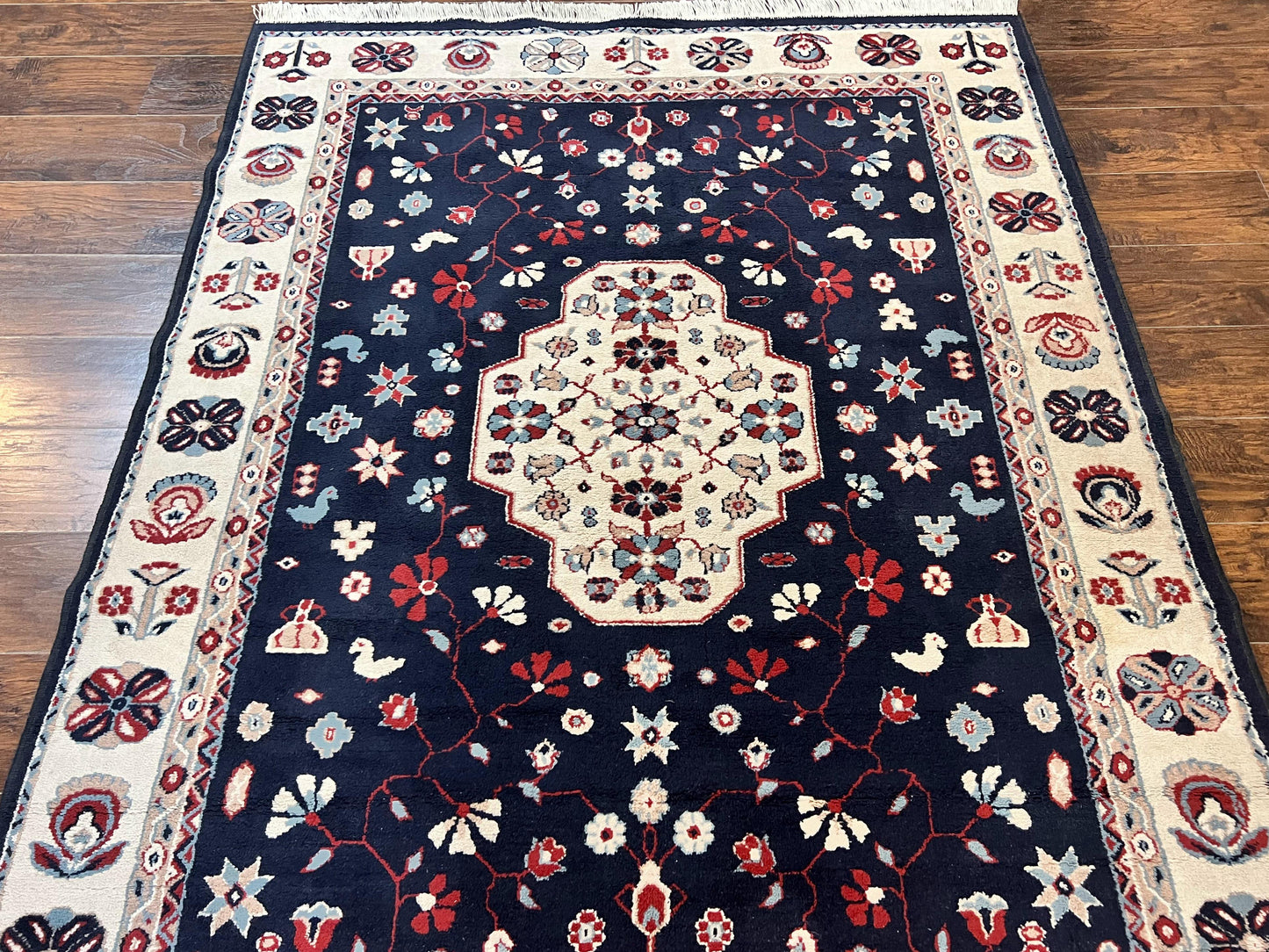 Power Loomed Rug Belgium 5.6 x 7 Navy Ivory Heriz Vintage Oriental Carpet
