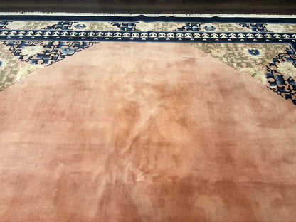 Chinese Wool Rug 11X18 Peking Style Open Field Peach and Blue Art Deco Handmade Carpet