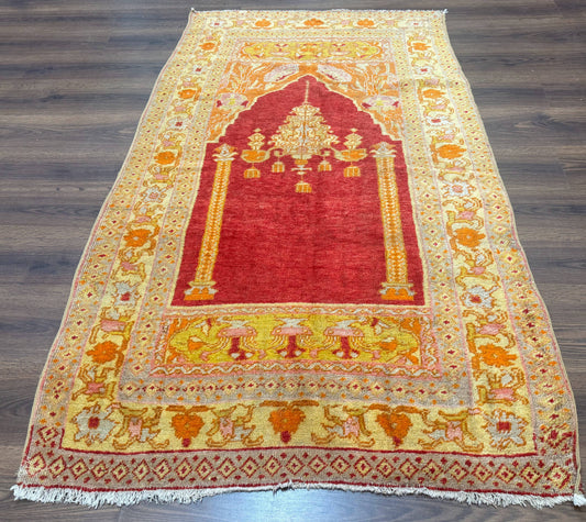 Antique Turkish Prayer Rug 4x6 Mihrab Design Hand Knotted Wool Anatolian Carpet