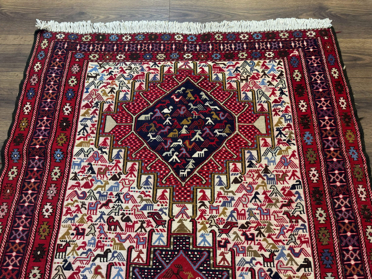 Persian Soumak Kilim Rug 4x6 Triple Medallions Tribal Pictorials Caucasian Kilim