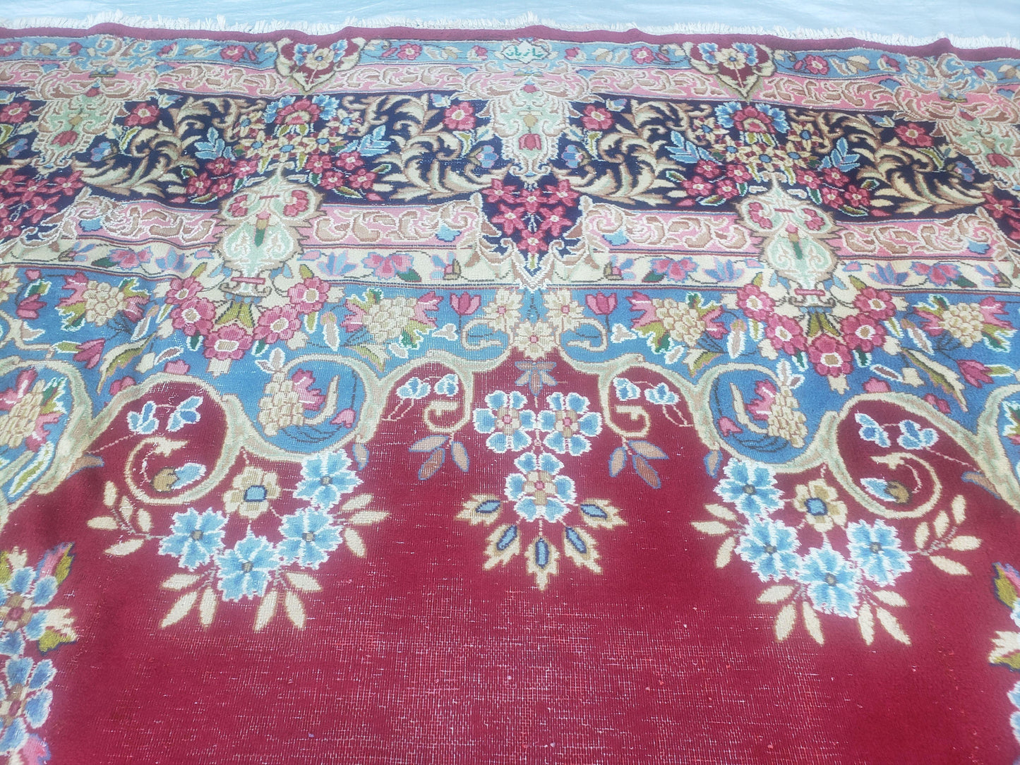 Antique Persian Kirman Rug 10x17 Oriental Carpet 10 x 17, Red, Multicolor, Namazian Signature Master Weaver, Shabby Chic, Semi Open Field