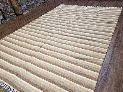 Indian Striped Blanket 6x9, Large Indo Kilim Area Rug, Earthern Tones Woolen Hand-Woven Flatweave South American Style Queen Size Bedspread