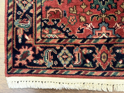 Indo Persian Heriz Runner Rug 2 x 12 ft, Hand Knotted Wool Hallway Rug, Red & Black