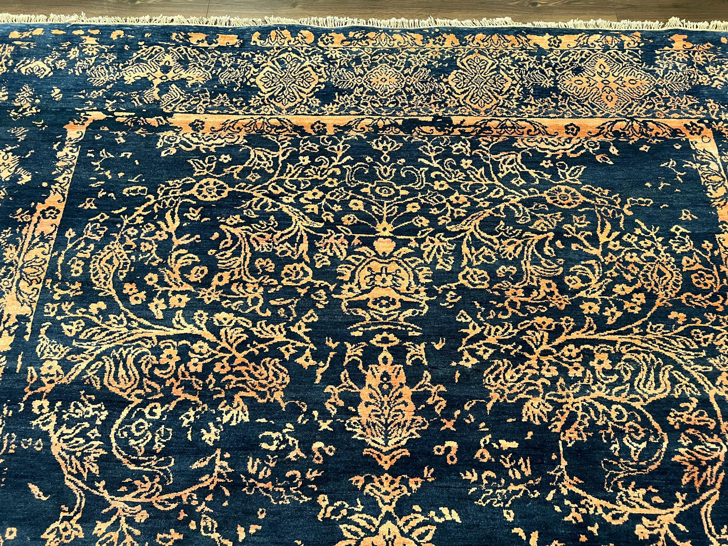 Handmade Wool Area Rug 8x10 Pakistani Oriental Blue and Gold Modern Living Room Decor