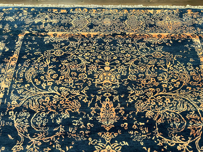 Handmade Wool Area Rug 8x10 Pakistani Oriental Blue and Gold Modern Living Room Decor