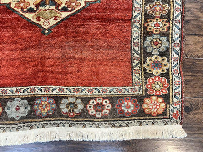 Antique Persian Bidjar Rug 4x8 Hand Knotted Wool Carpet With Triple Medallions 1920s Red