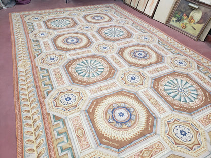 New Chinese Needlepoint Rug 8x14 - 9x14, French European Panel Design, Elegant Dining Room Rug, Flatweave Hand Woven Carpet, Handmade, Wool