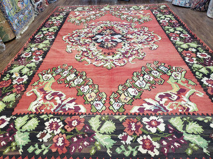 Karabakh Rug 8x11 Hand Woven Kilim Carpet Vintage Antique Wool Red Black Living Room