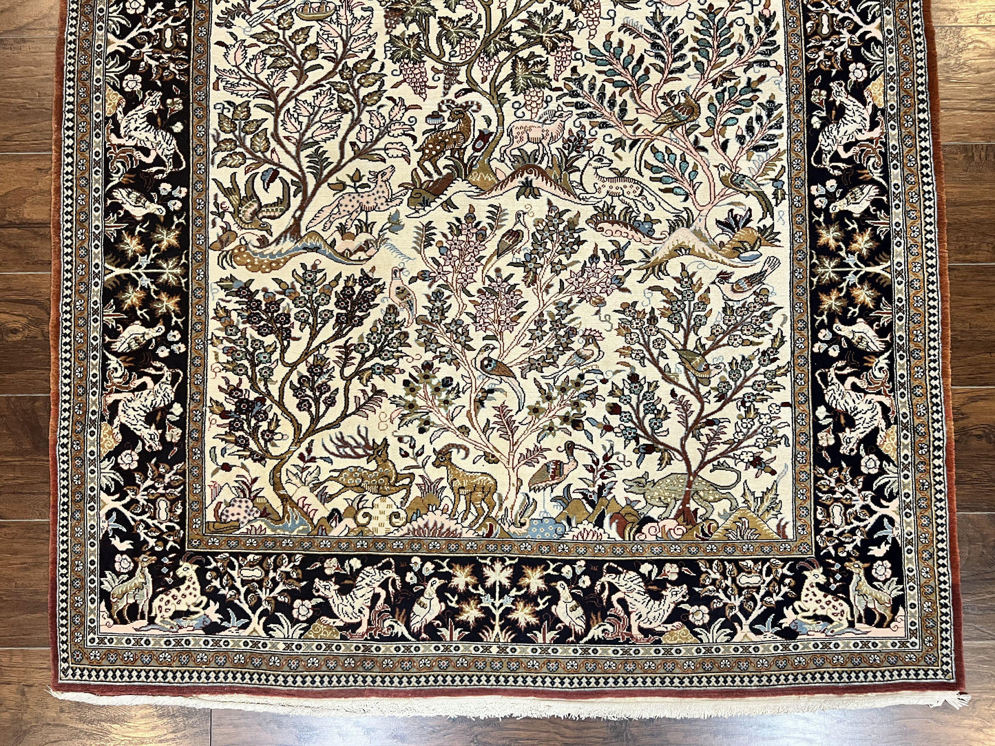 Persian Qum Tree of Life Rug 5x7, Wool and Silk Highlights, Animal Motifs, Vintage Hand Knotted Handmade Cream & Black Fine Oriental Carpet