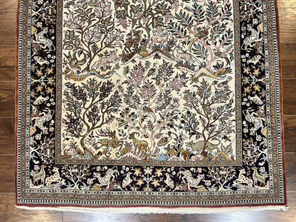 Persian Qum Tree of Life Rug 5x7, Wool and Silk Highlights, Animal Motifs, Vintage Hand Knotted Handmade Cream & Black Fine Oriental Carpet