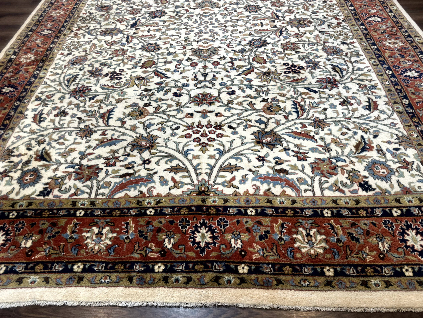 Indo Persian Rug 9x12, Ivory and Red, Traditional Wool Oriental Carpet