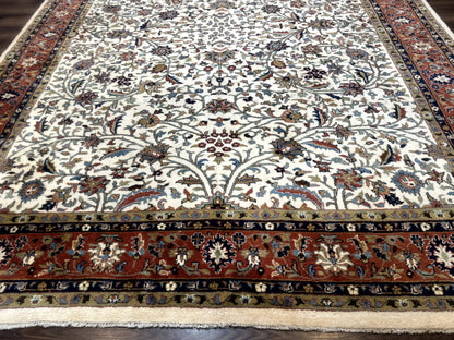 Indo Persian Rug 9x12, Ivory and Red, Traditional Wool Oriental Carpet