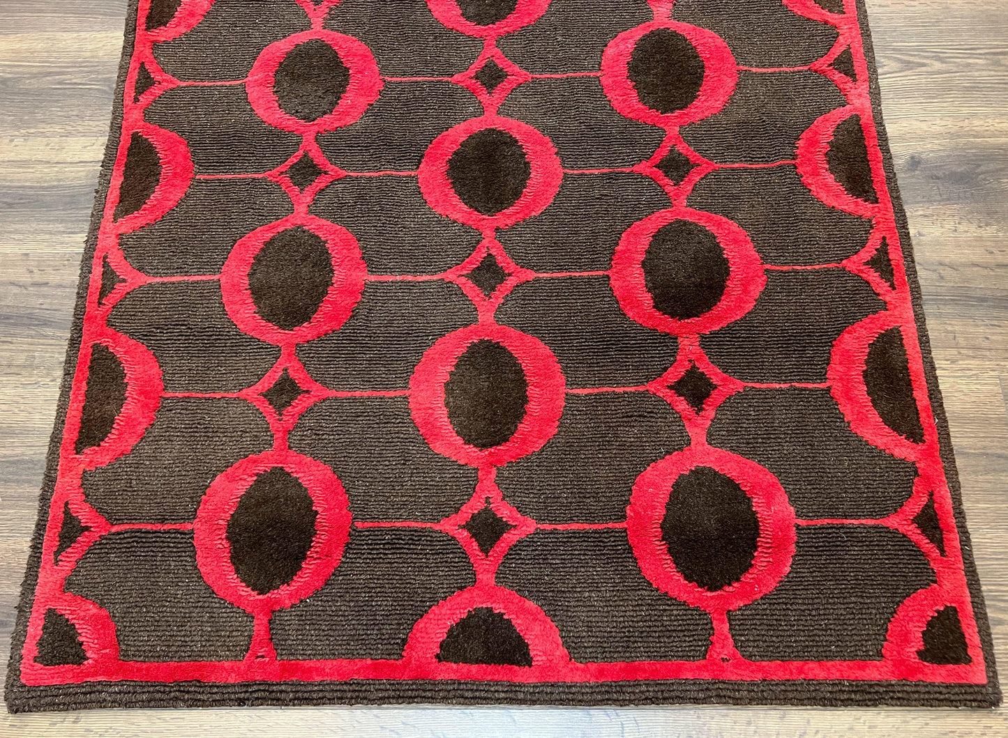 Modern Tibetan Rug 3.8 x 5.7, Raspberry Red and Dark Brown, Abstract Circle Design, Hand Knotted, Soft Wool Handmade Tibet Nepali Carpet 4x6