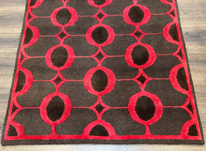 Modern Tibetan Rug 3.8 x 5.7, Raspberry Red and Dark Brown, Abstract Circle Design, Hand Knotted, Soft Wool Handmade Tibet Nepali Carpet 4x6
