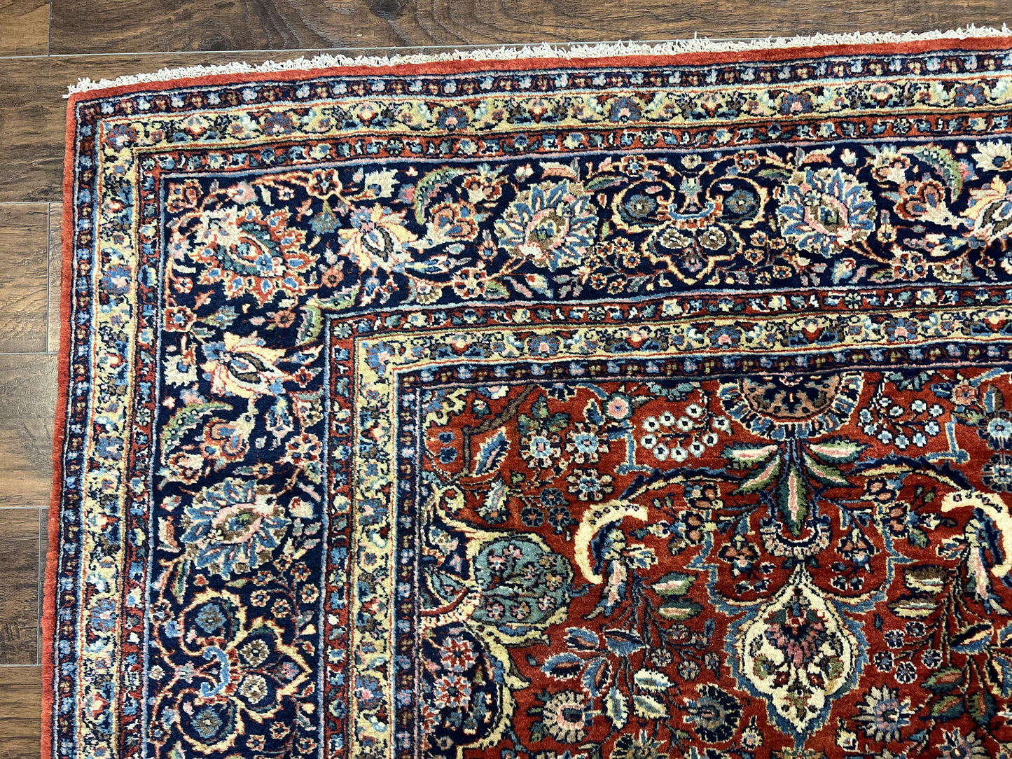 Persian Sarouk Rug 9x12 Handmade Wool Qazvin Antique Carpet Red And Dark Blue Floral Allover