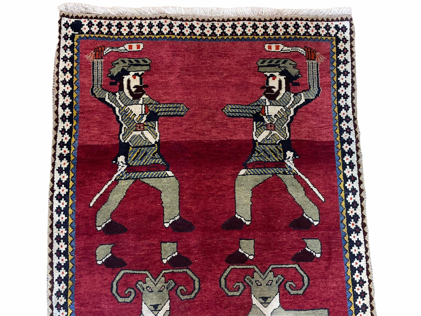 Handmade Wool Rug 3x6 Tribal Balouch Warriors Deer Pictorial Red Swords