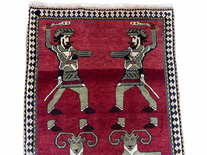 Handmade Wool Rug 3x6 Tribal Balouch Warriors Deer Pictorial Red Swords
