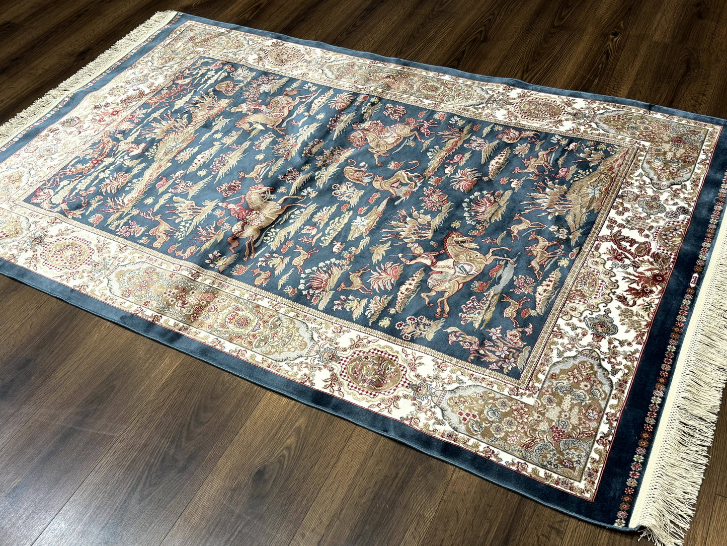 Turkish Silk Hunting Design Rug 4x6 in Dark Steel Blue and Ivory, Bamboo Silk