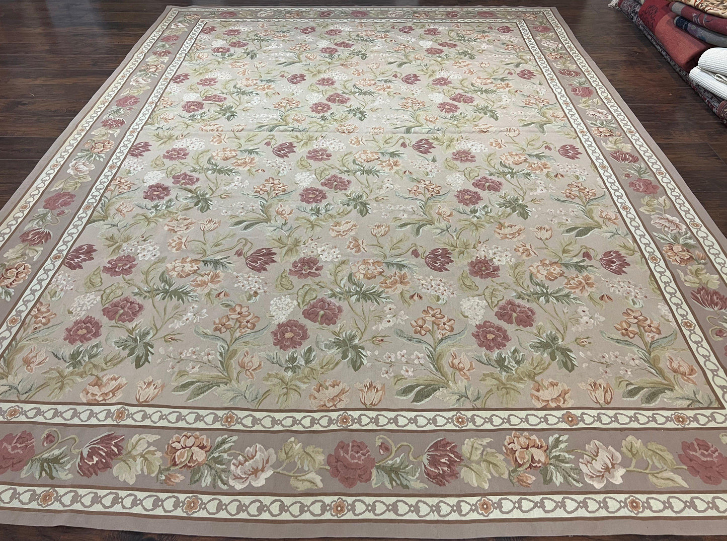 Aubusson Rug 9x12 Wool Handmade Floral Roses Pink Beige Mauve European French Design