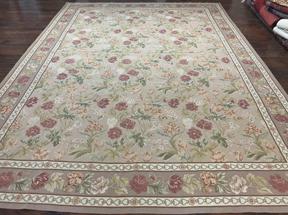 Aubusson Rug 9x12 Wool Handmade Floral Roses Pink Beige Mauve European French Design