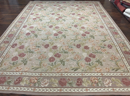 Aubusson Rug 9x12 Wool Handmade Floral Roses Pink Beige Mauve European French Design