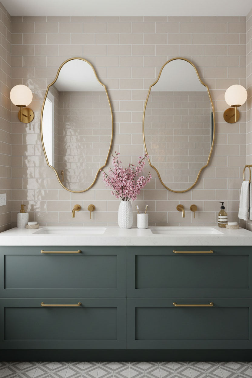 Double oval brass mirrors in modern bathroom vanity setup