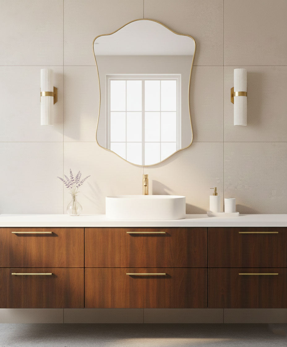 Wavy shield mirror above modern bathroom sink