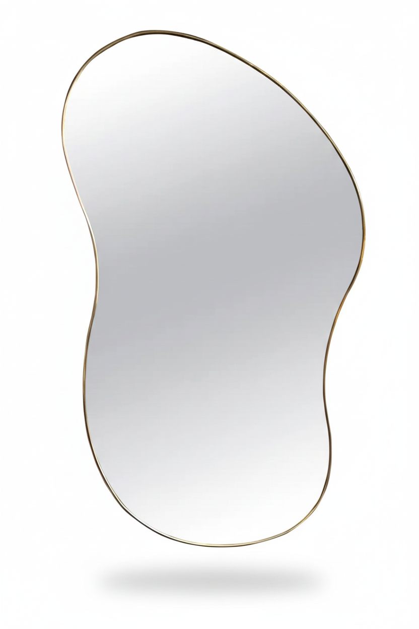 Artisan freeform mirror isolated on white background with brass frame