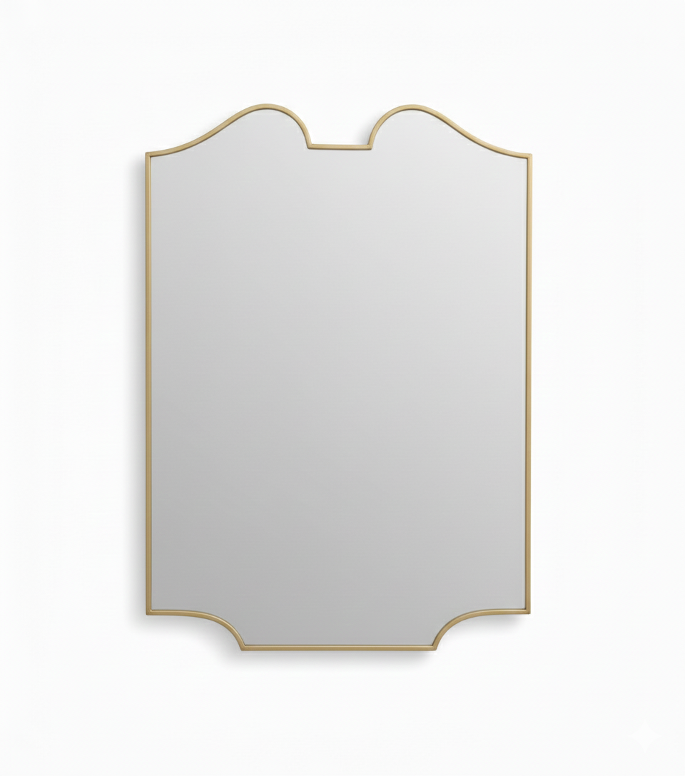 Twin-curve crest brass wall mirror isolated on white background