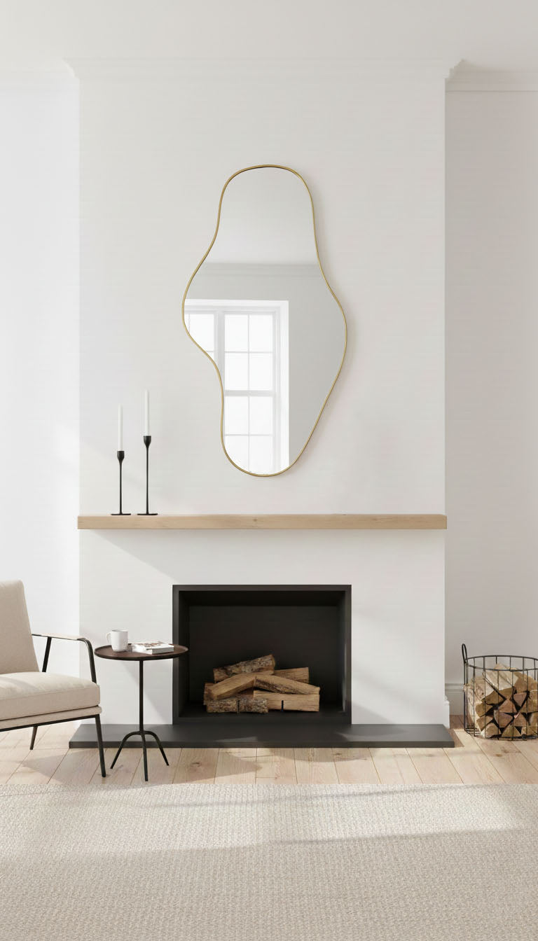 Asymmetrical Waveform brass mirror mounted above fireplace mantel