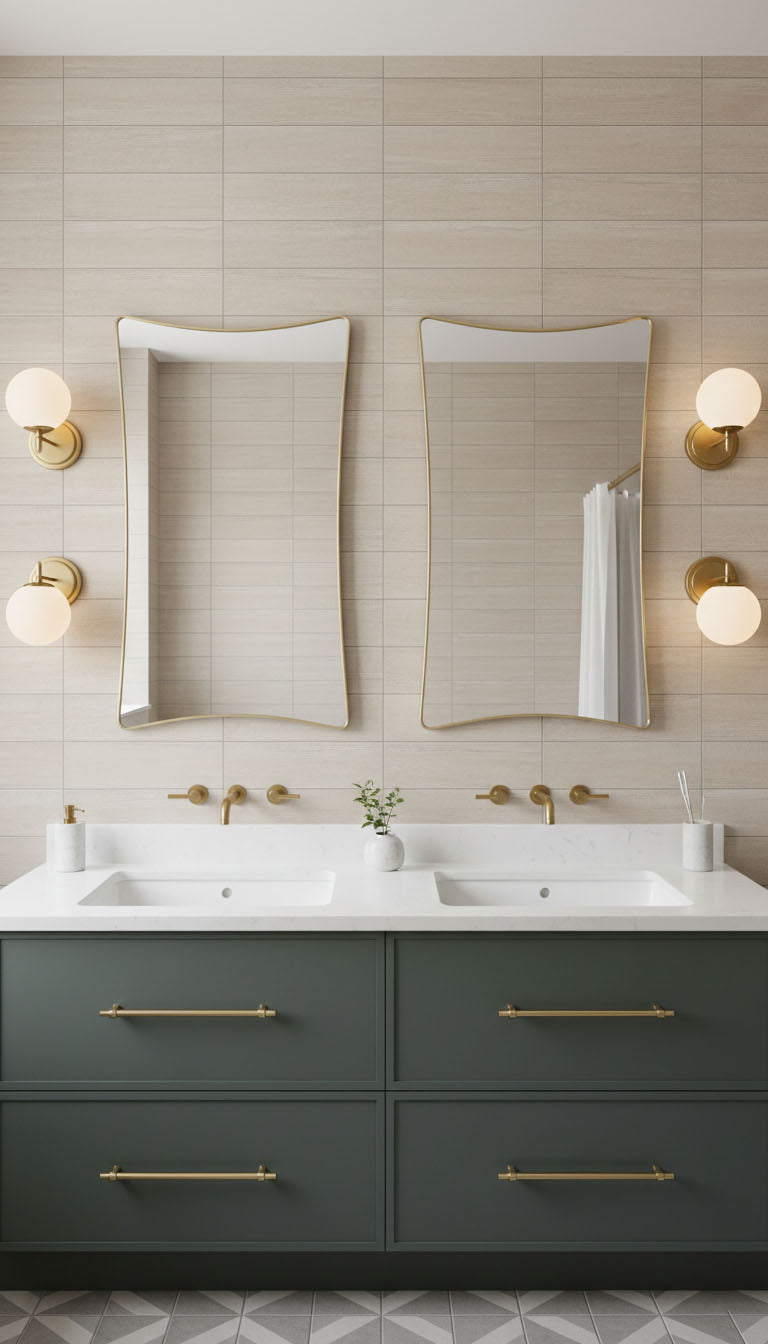 Pair of S-curve rectangle brass mirrors above double vanity sinks